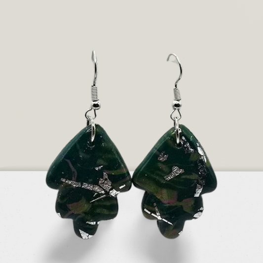 Enchanted Forest Leaf Earrings – Dark Green Resin with Silver Accents