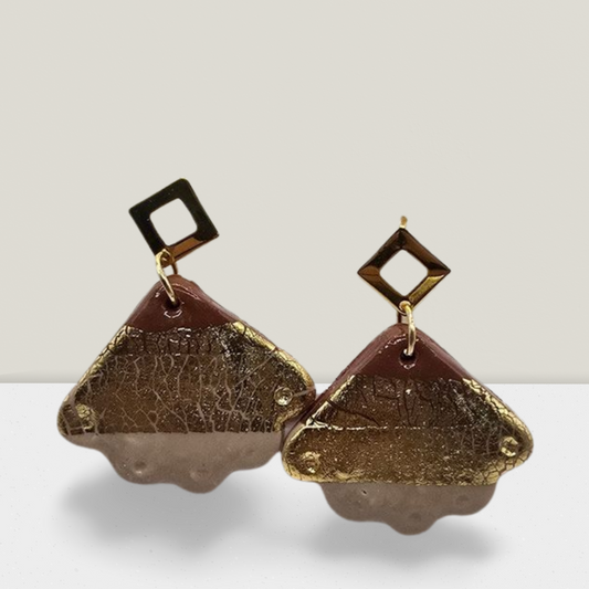 Golden Dusk Geometric Earrings – Brown & Gold Textured Resin Statement