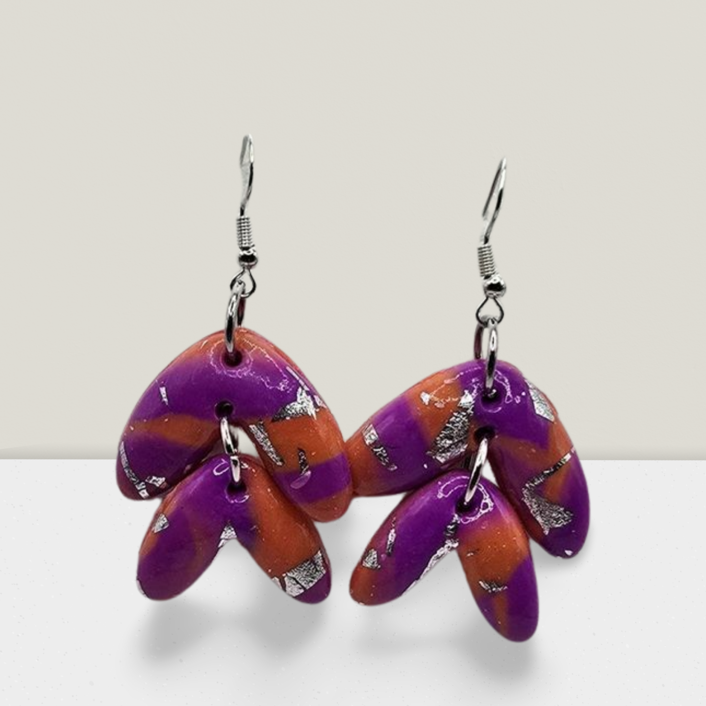 Twilight Petals Drop Earrings – Purple & Orange Resin with Silver Accents