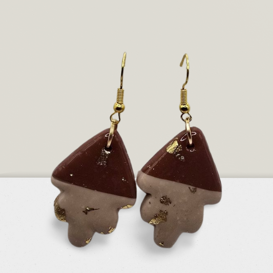 Mocha Luxe Leaf Earrings – Brown & Beige Resin with Gold Flakes