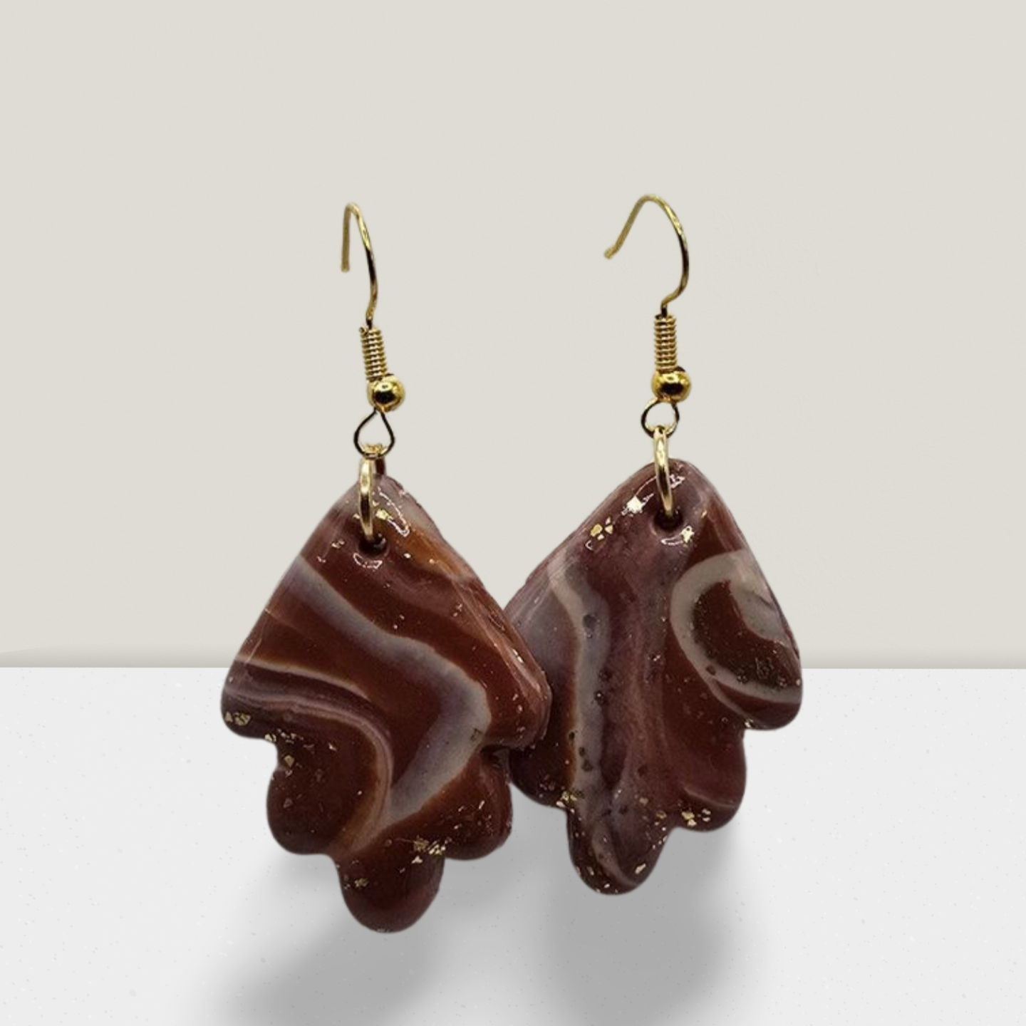 Mocha Swirl Leaf Earrings – Brown Marbled Resin with Gold Accents