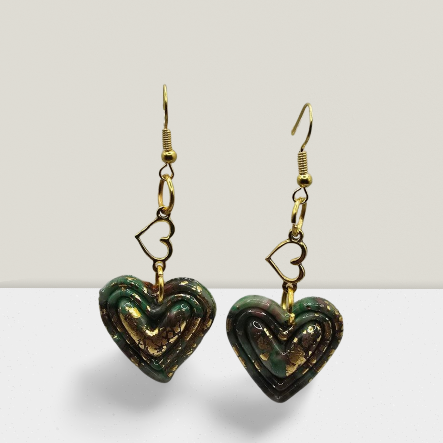 Golden Forest Heart Earrings – Green & Gold Resin with Heart Charm