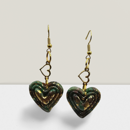 Golden Forest Heart Earrings – Green & Gold Resin with Heart Charm