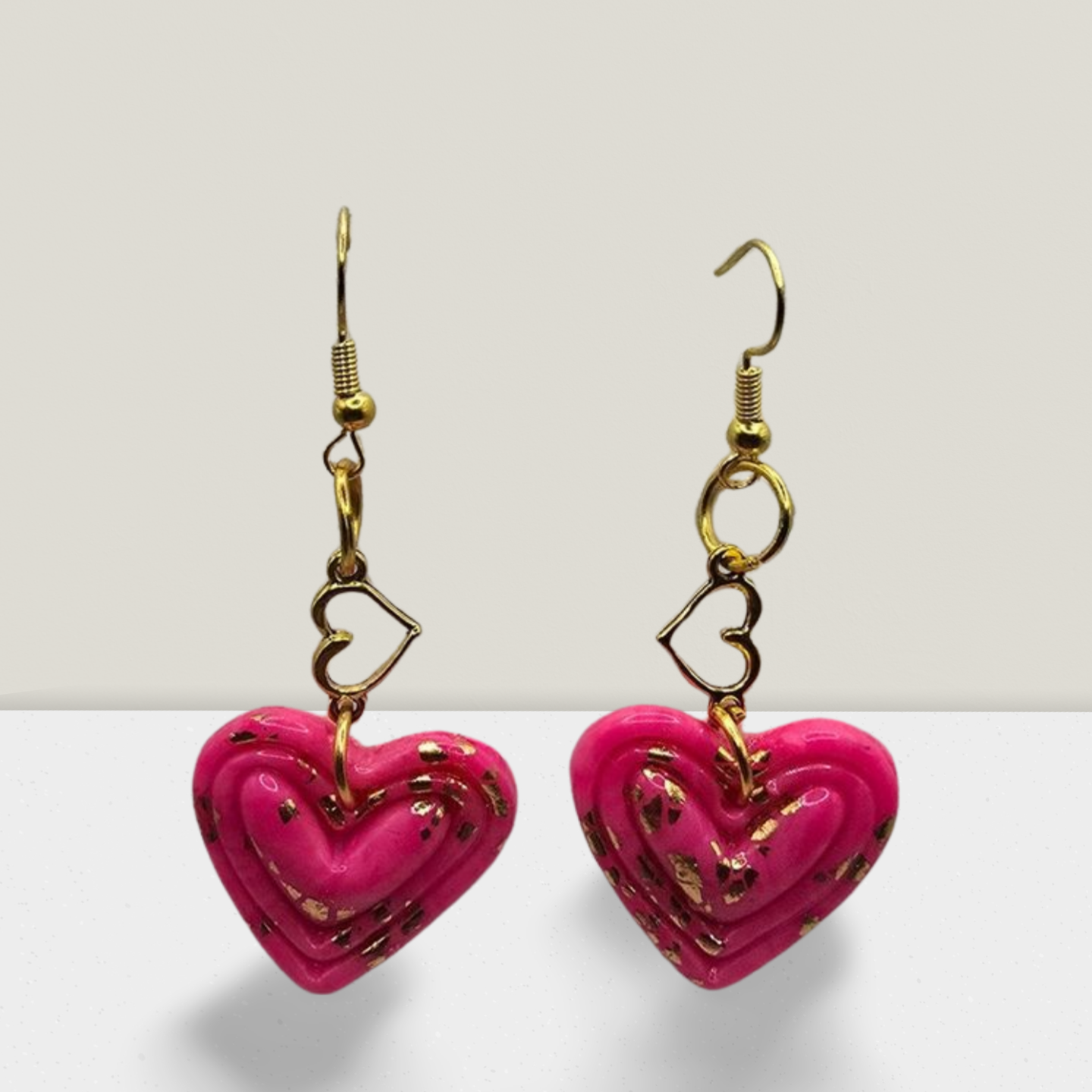 Pink Passion Heart Earrings β Gold Flake & Heart Charm Dangles