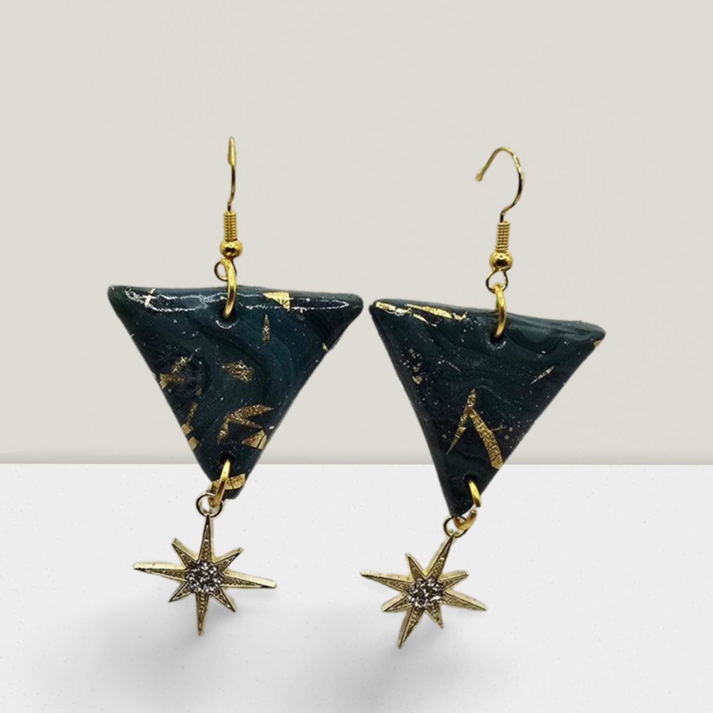 Starlight Noir Triangle Earrings – Black Marble Resin with Gold Foil & Star Charm