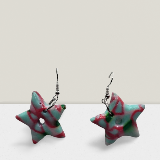 Whimsical Star Drop Earrings – Pastel Swirl in Pink, Green & Blue