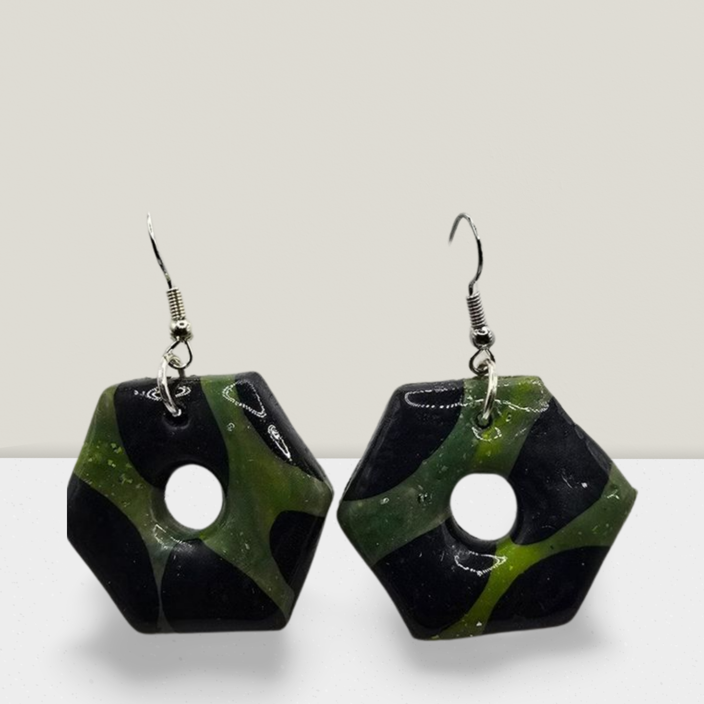 Emerald Eclipse Hexagon Earrings – Green & Black Resin Statement Hoops