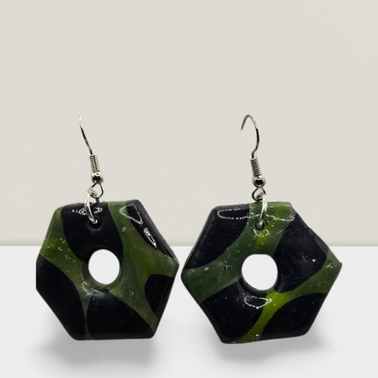 Emerald Eclipse Hexagon Earrings – Green & Black Resin Statement Hoops