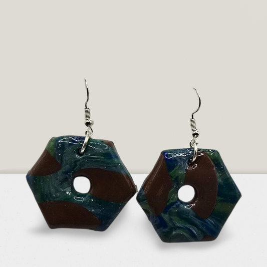 Earthstone Hexagon Earrings – Brown & Blue-Green Marbled Resin Hoops