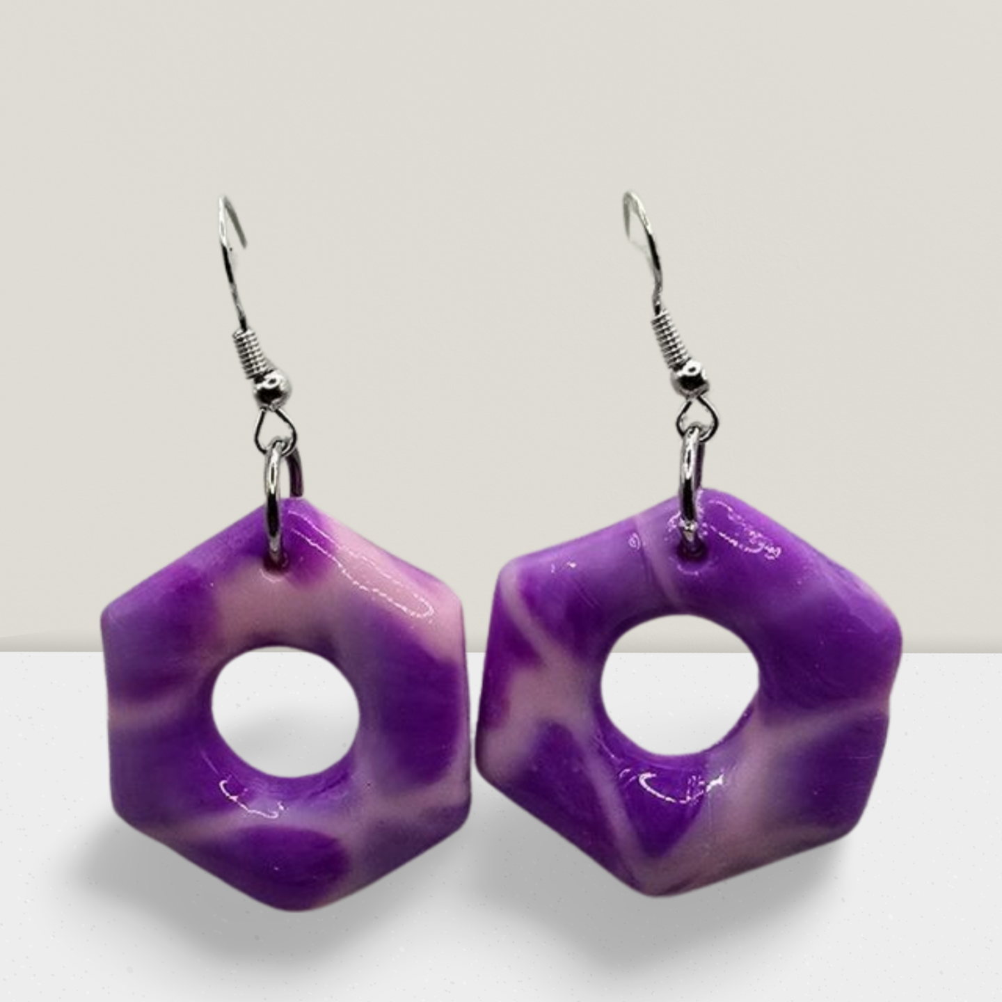 Lavender Swirl Hexagon Earrings – Modern Marble Resin Hoops