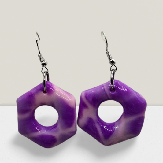 Lavender Swirl Hexagon Earrings – Modern Marble Resin Hoops