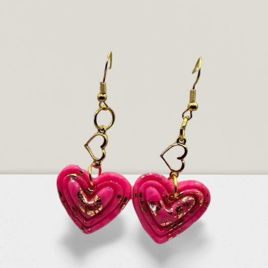 Cupid's Kiss Heart Earrings – Hot Pink Resin with Gold Flakes & Heart Charm