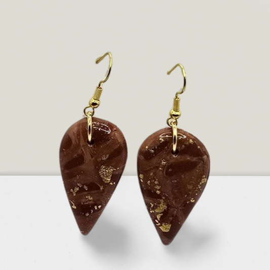 Mocha Luxe Drop Earrings – Rich Brown Swirl with Gold Flakes & Hooks