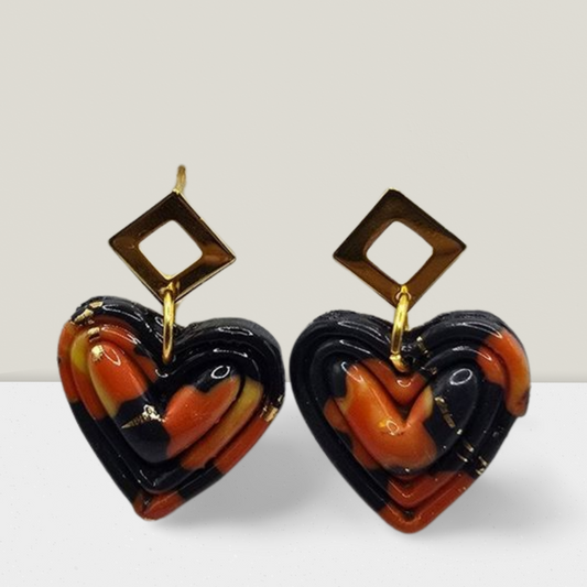 Ember Love Heart Earrings – Black & Orange Marbled Resin with Gold Geometric Stud