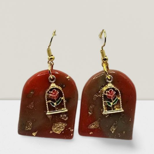 Enchanted Rose Arch Earrings – Deep Red Resin with Gold Foil & Rose Charm