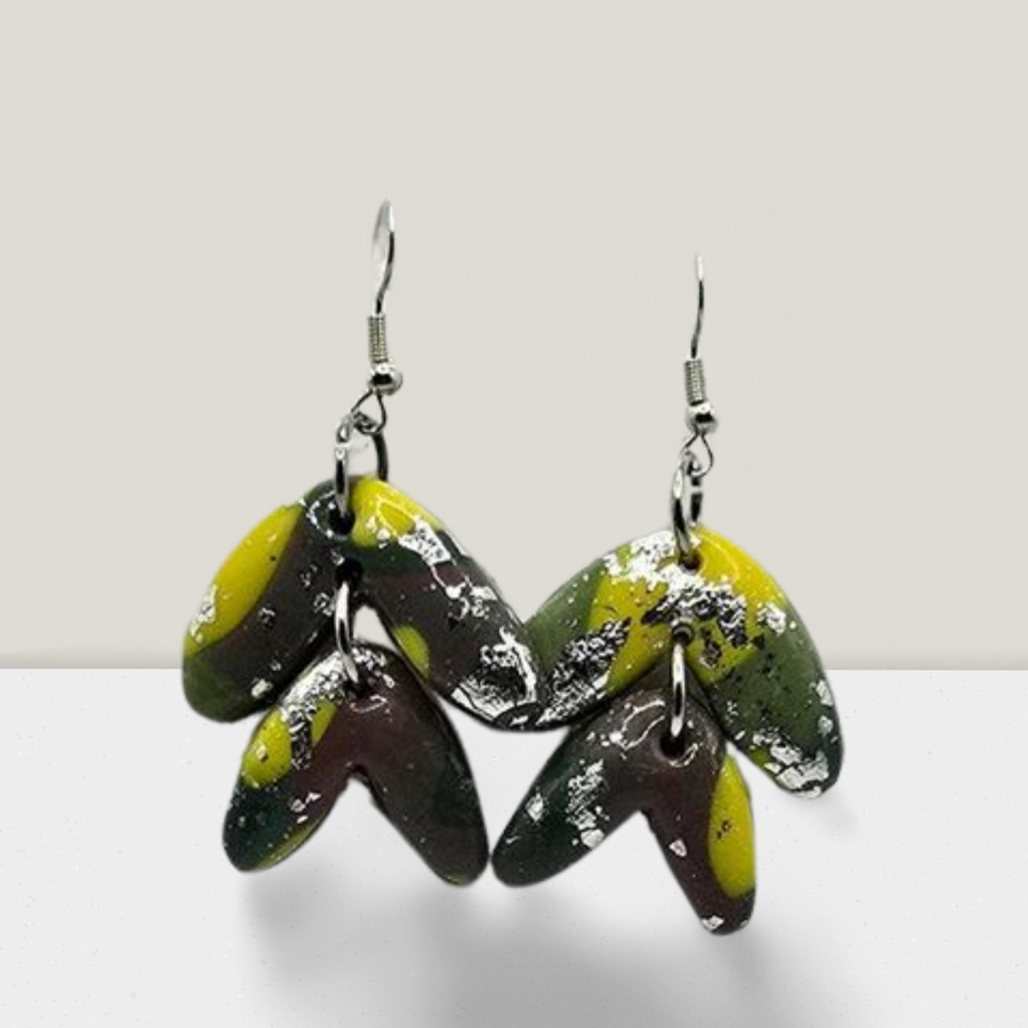 Wild Grove Cascade Earrings – Green, Yellow & Brown Resin with Silver Foil