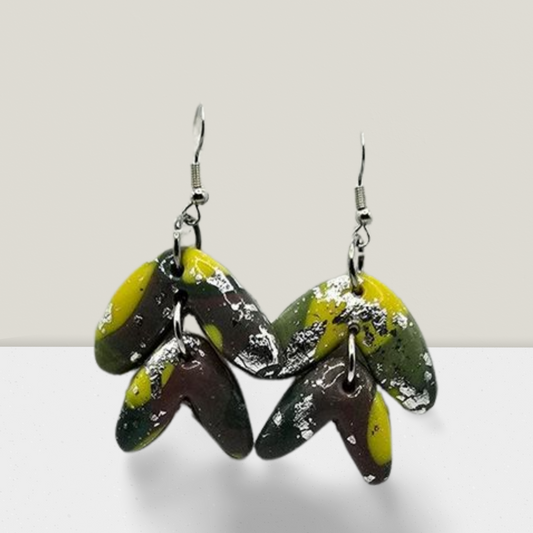 Wild Grove Cascade Earrings – Green, Yellow & Brown Resin with Silver Foil