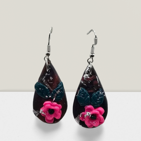 Midnight Bloom Teardrop Earrings – Dark Resin with Pink Flower & Silver Accents