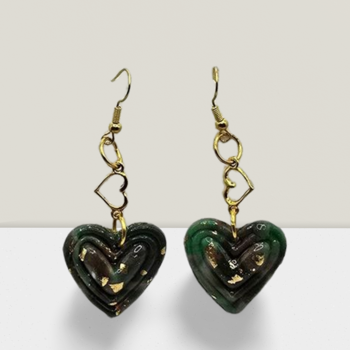 Emerald Night Heart Dangle Earrings β Green & Black with Gold Flakes