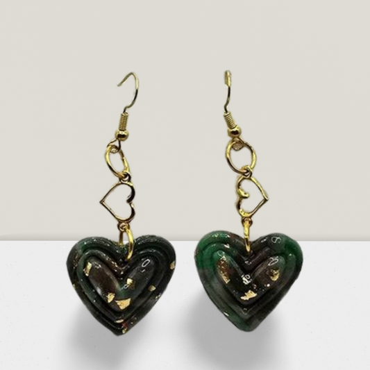 Emerald Night Heart Dangle Earrings – Green & Black with Gold Flakes
