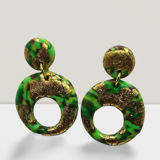 Jungle Luxe Hoop Earrings – Green Marbled Resin with Gold Leaf Accents