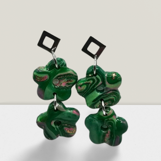 Verdant Bloom Drop Earrings – Green Marbled Floral with Geometric Studs