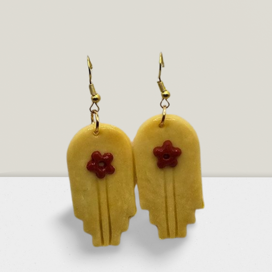 Golden Charm Earrings – Geometric Drops with Red Floral Accent