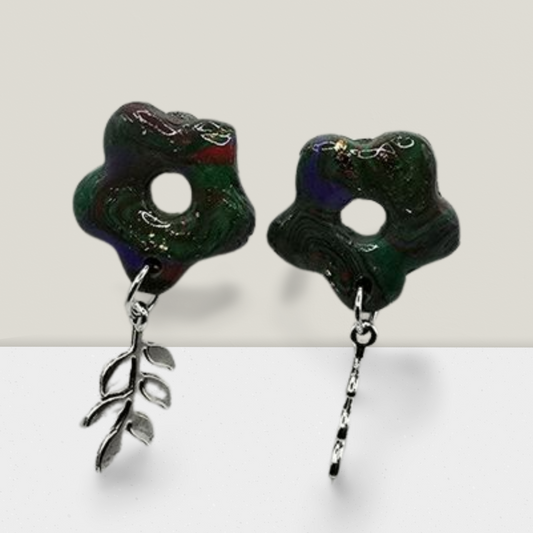Mystic Forest Bloom Earrings – Dark Marbled Resin with Silver Leaf Charm