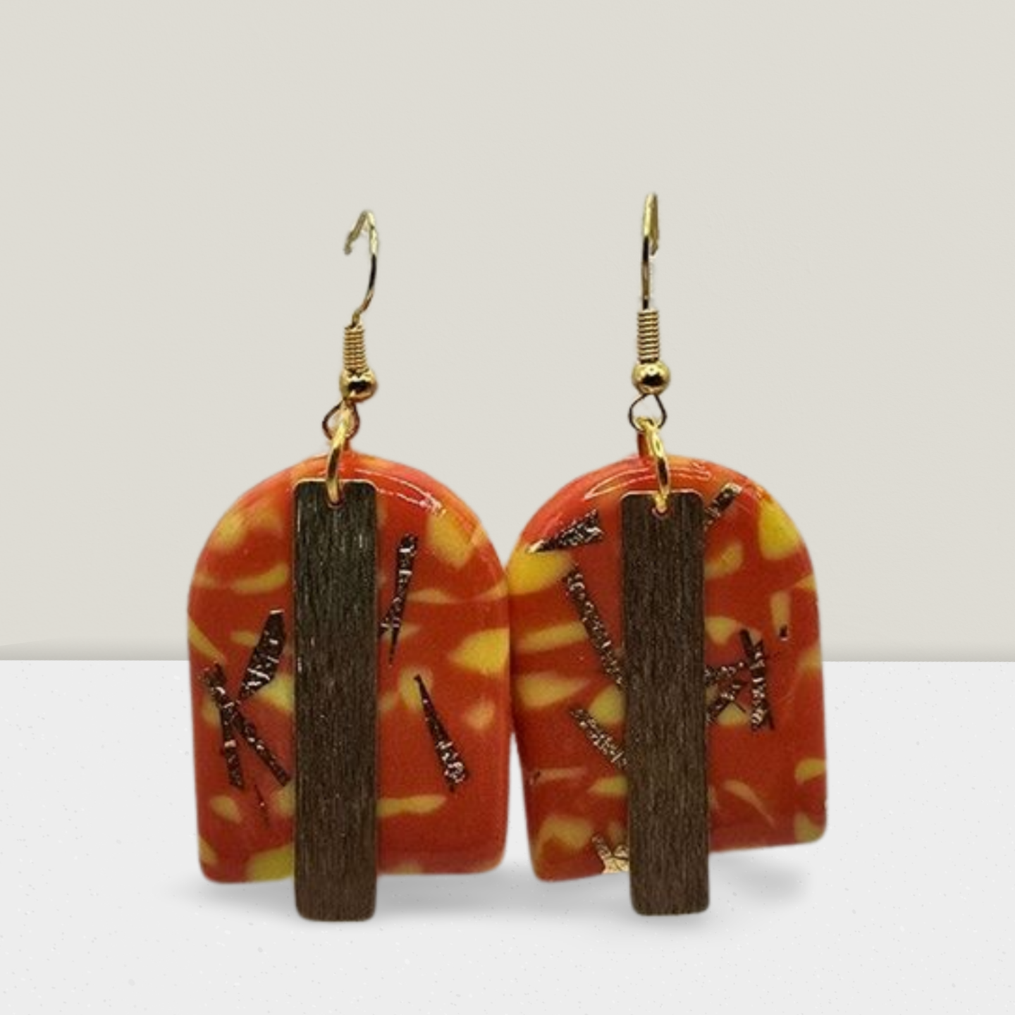 Sunfire Arch Earrings – Orange & Yellow Resin with Gold Flakes and Wooden Accent