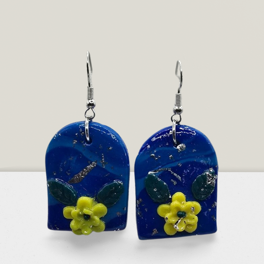 Bluebell Garden Arch Earrings – Deep Blue Resin with Yellow Flower Accents