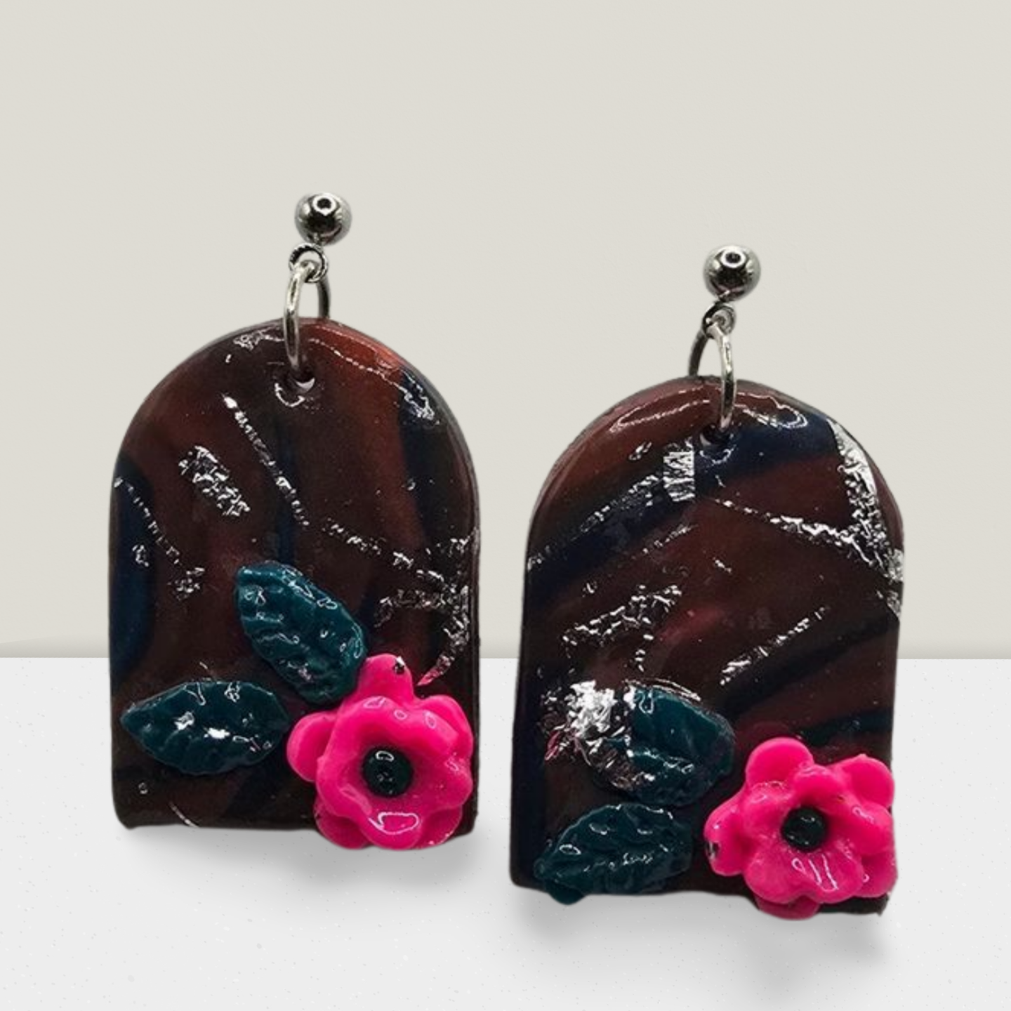 Twilight Rose Arch Earrings – Dark Marbled Resin with Pink Flower Accents