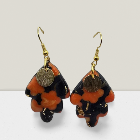 Autumn Bloom Leaf Earrings – Black & Orange Resin with Gold Foil & Charm