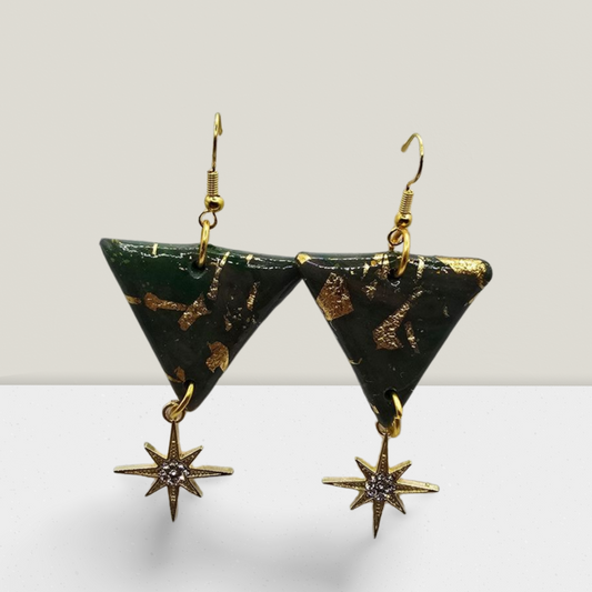 Celestial Nightfall Triangle Earrings – Dark Green Resin with Gold Foil & Star Charm
