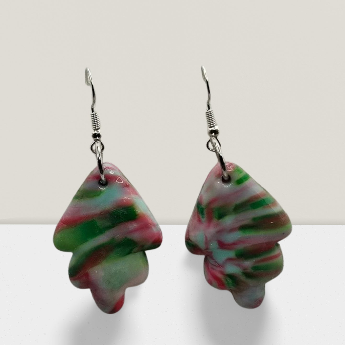 Evergreen Swirl Drop Earrings – Red, Green & White Marbled with Silver Hooks