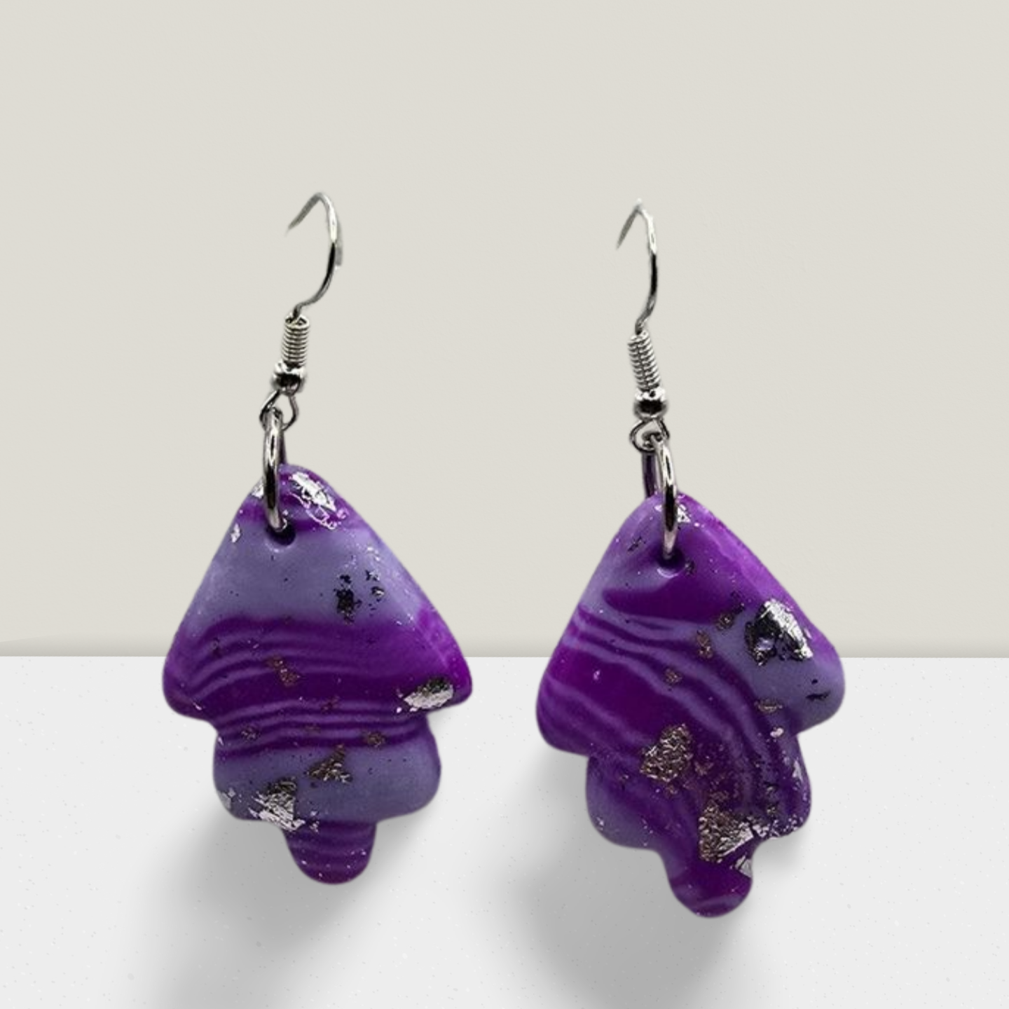 Violet Mist Leaf Earrings – Marbled Purple Resin with Silver Foil Accents