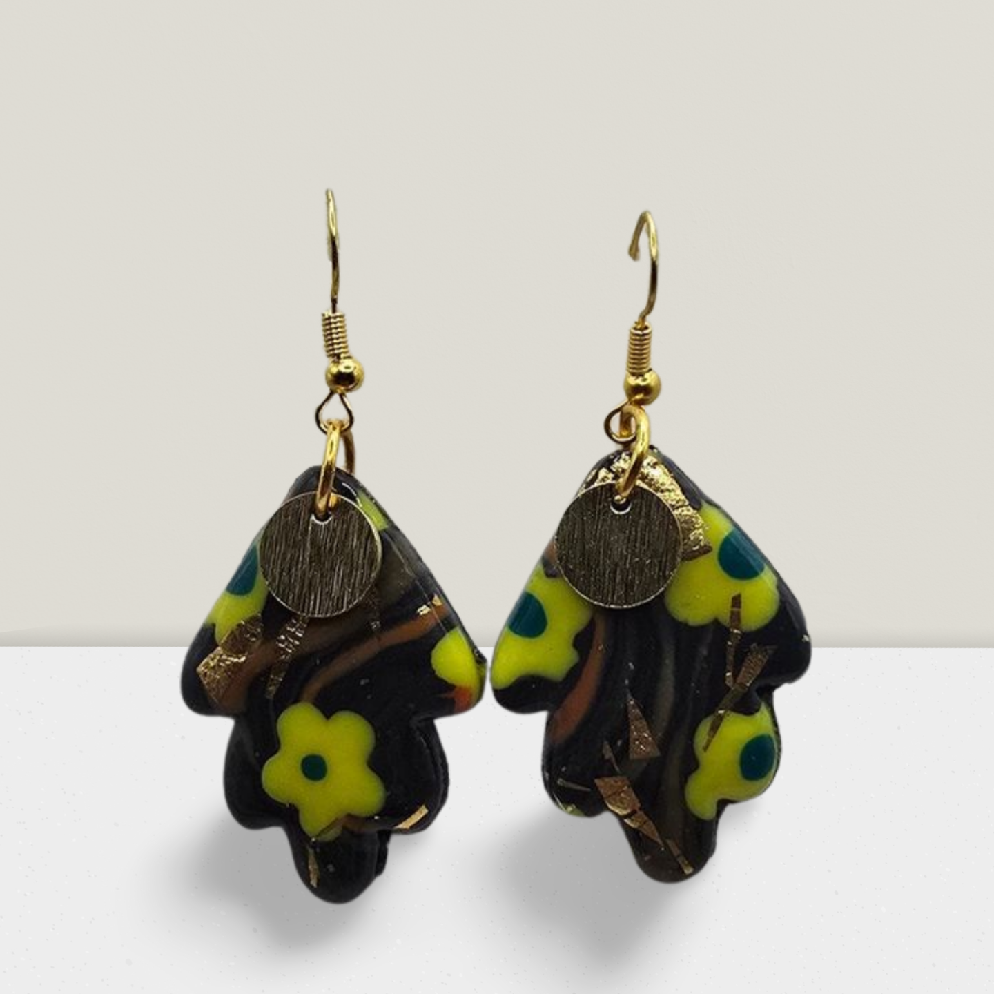 Midnight Garden Leaf Earrings – Black Resin with Yellow Floral Accents & Gold Charm