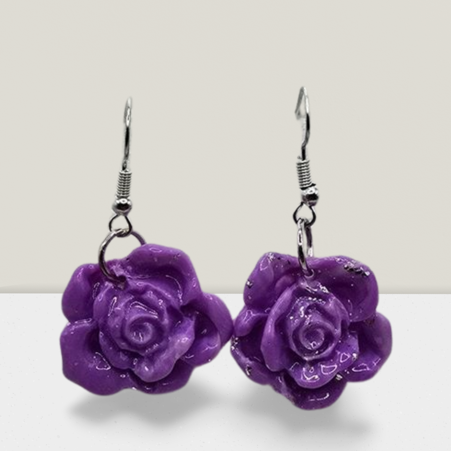 Royal Bloom Rose Earrings – Purple Resin Flowers with Silver Accents
