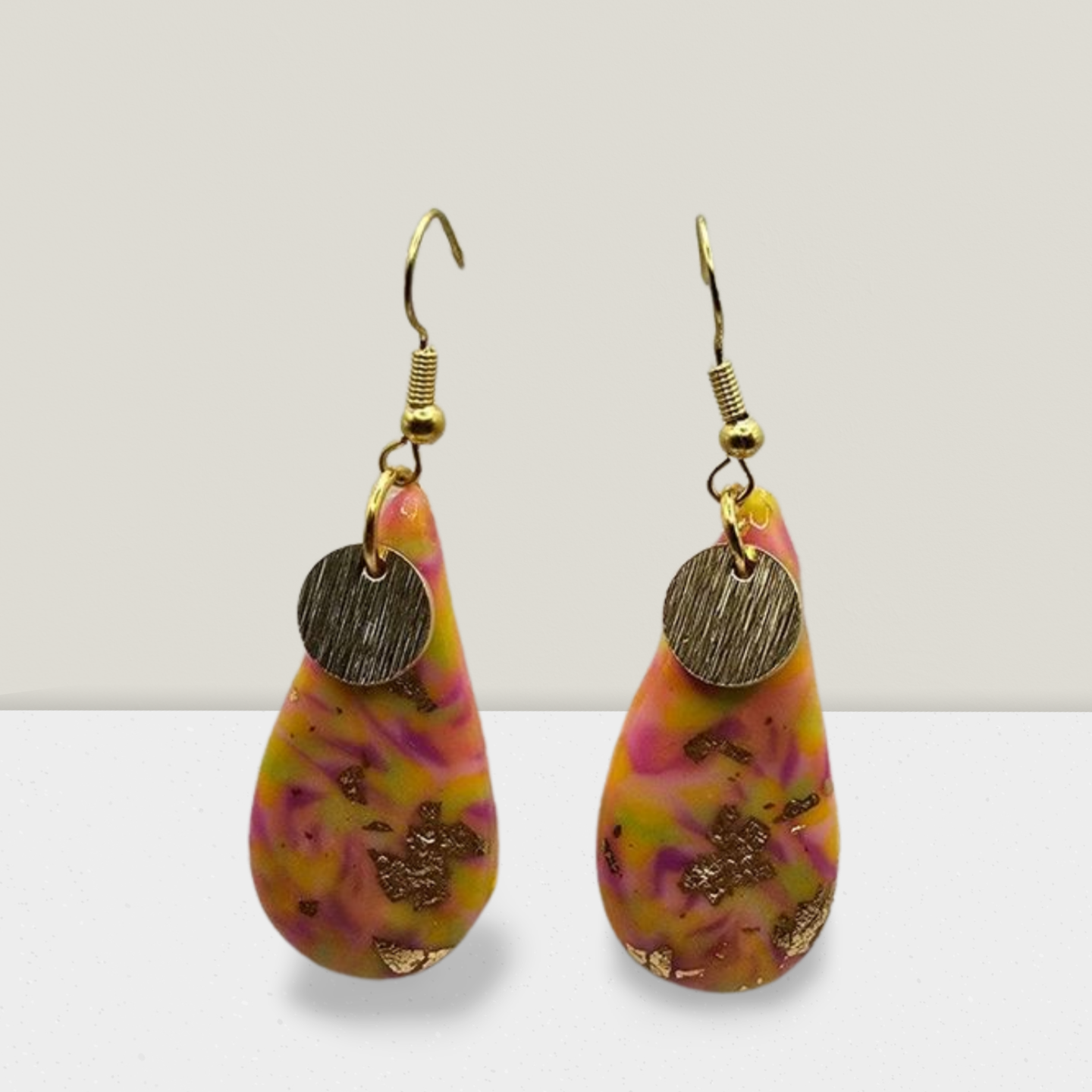 Sunset Glow Drop Earrings – Pink, Yellow & Gold Flake with Gold Hooks