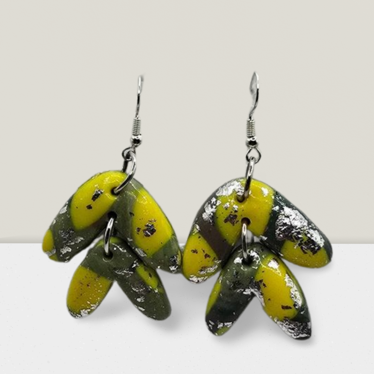 Sunburst Yellow Abstract Dangle Earrings – Artistic Resin with Silver Foil