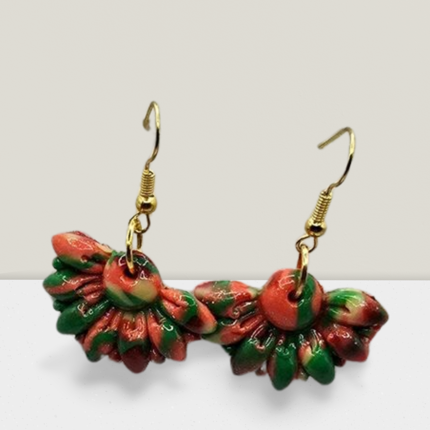 Festive Bloom Fan Earrings – Red & Green Swirl with Gold Hooks