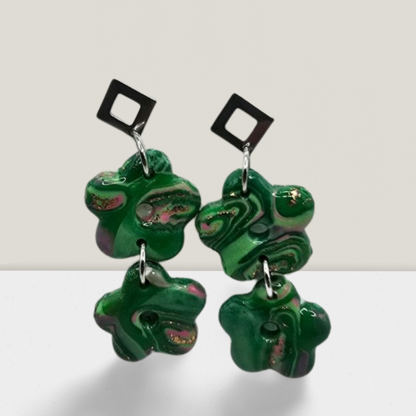 Verdant Bloom Drop Earrings – Green Marbled Floral with Geometric Studs