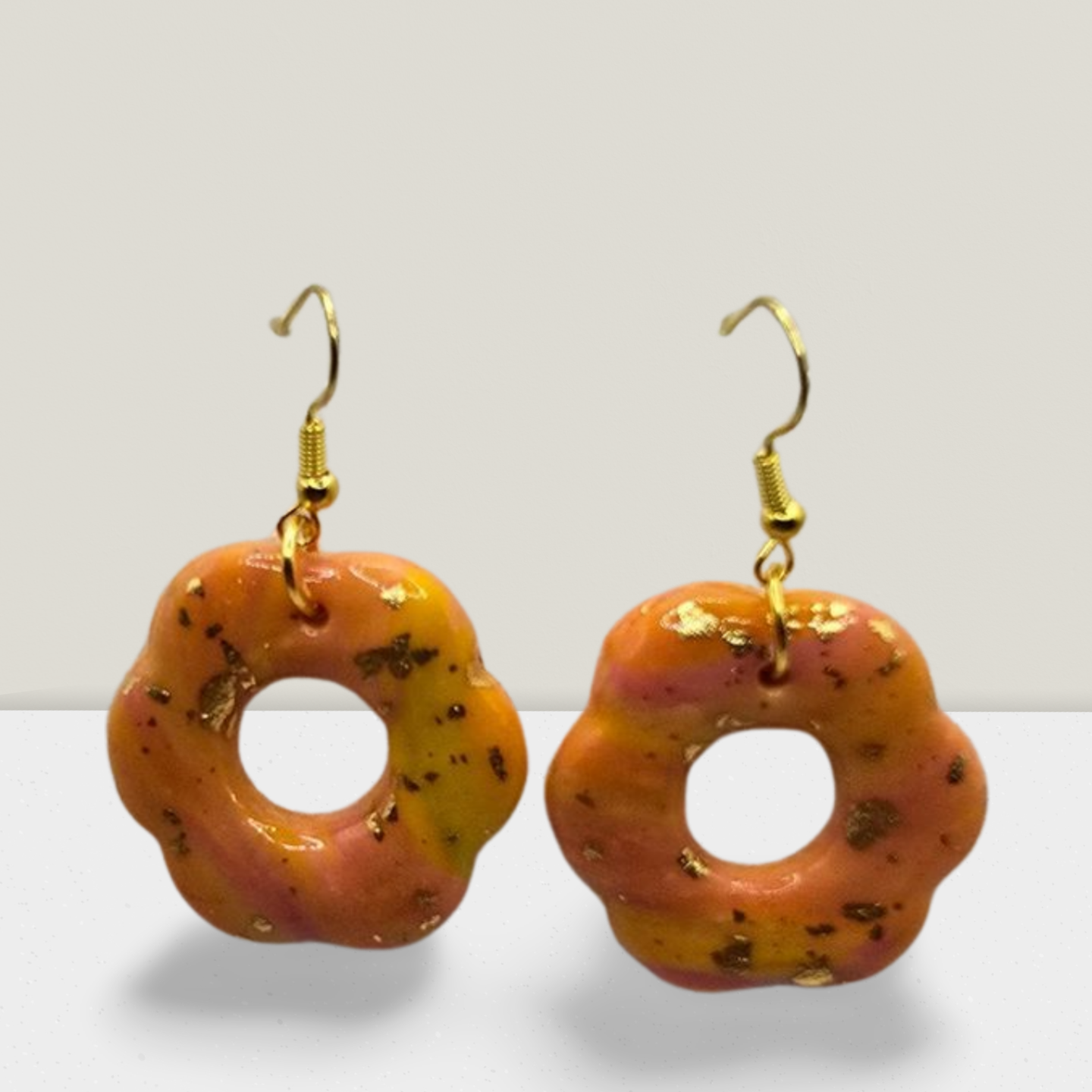 Sunset Bloom Hoop Earrings – Orange & Pink Marbled Resin with Gold Flakes