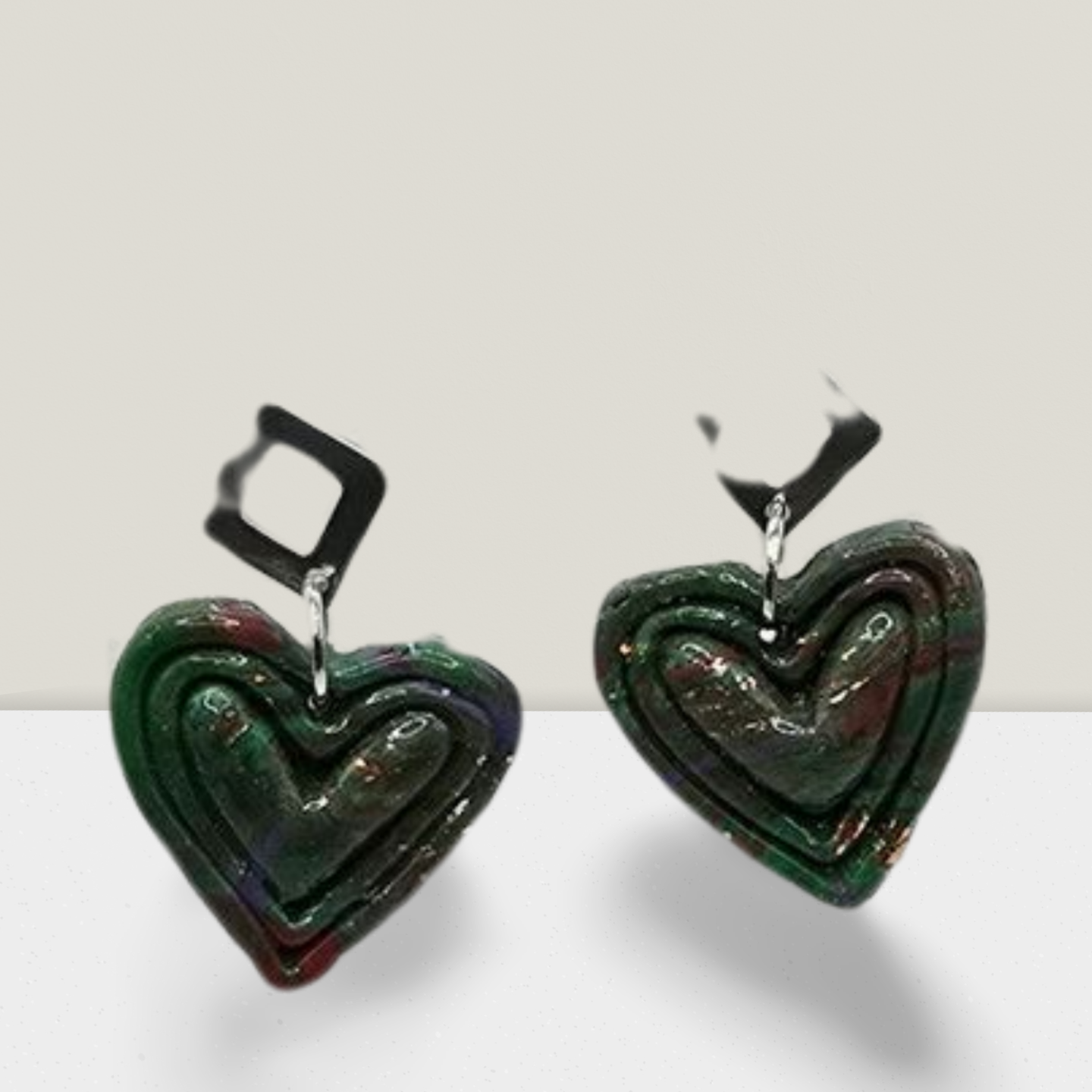 Emerald Twilight Heart Earrings – Marbled Resin with Geometric Studs