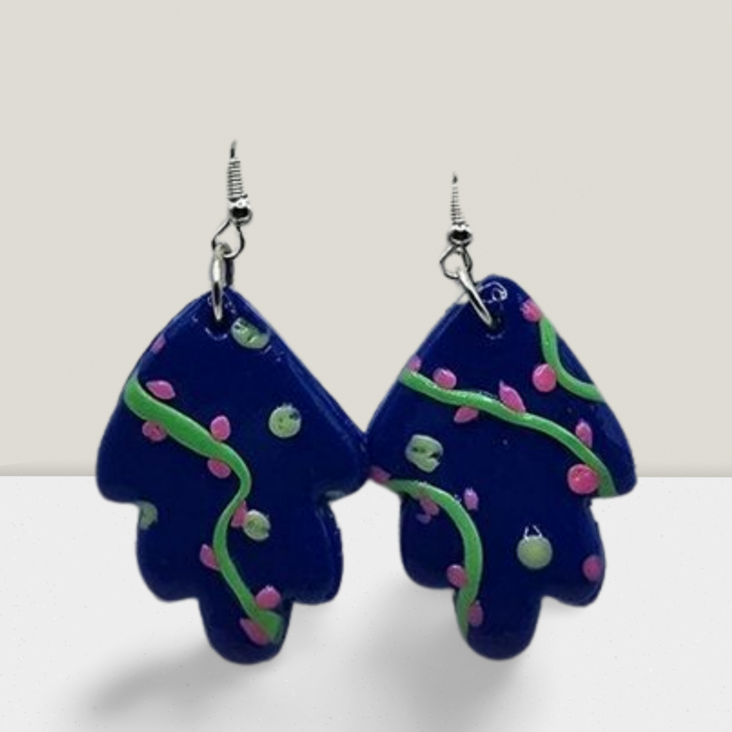 Midnight Vine Leaf Earrings – Navy Blue with Hand-Painted Green & Pink Accents